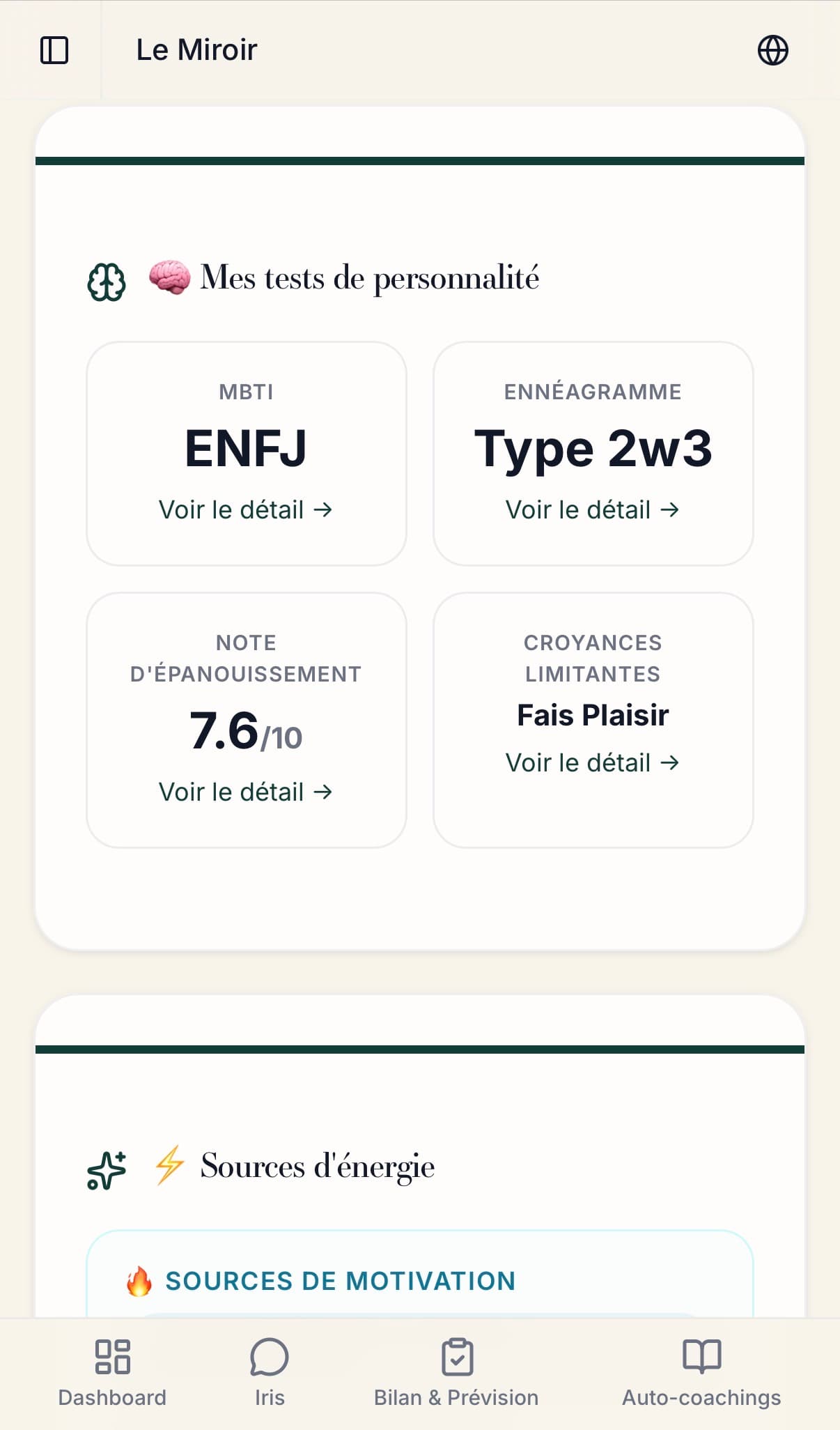 App La Sphère — Le Miroir (MBTI, ennéagramme, note d'épanouissement)