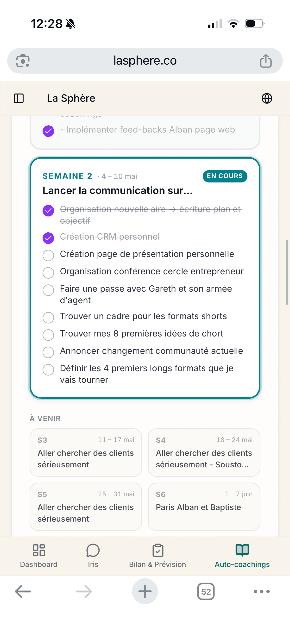App La Sphère — Plan d'action de la semaine